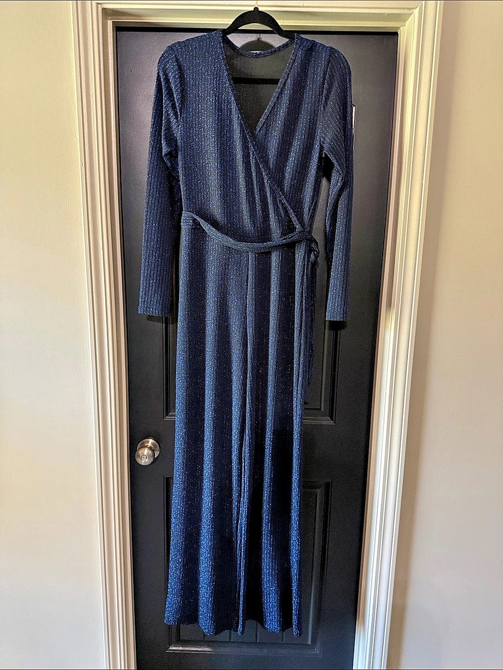 Metallic Striped Wrap Jumpsuit in Blue
Like New
